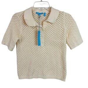 Draper James Sweater Polo Beige XS Loose Knit Short Sleeve Wool Blend